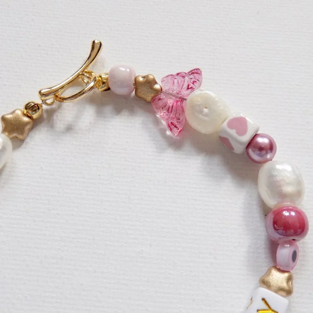 new! handmade charm bracelet chunky pearls indie kidcore the lady butterfly star